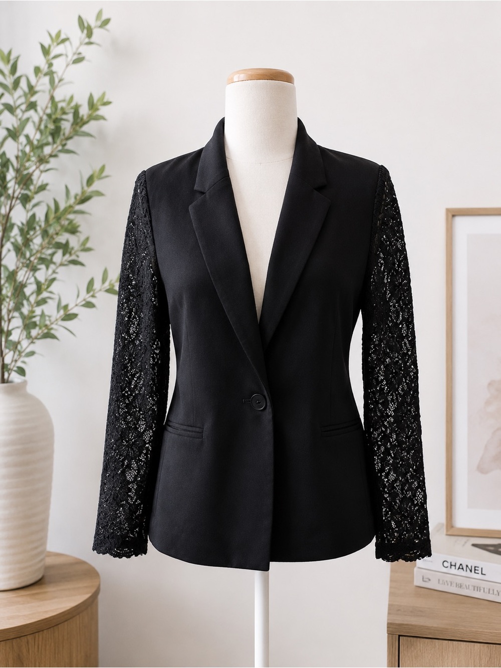 NWT AQUA Bloomingdale’s Black Lace Sleeve Blazer Size Large NEW WITH TAGS